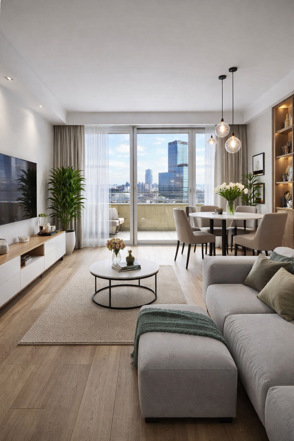 Nowoczesny salon z widokiem na miasto